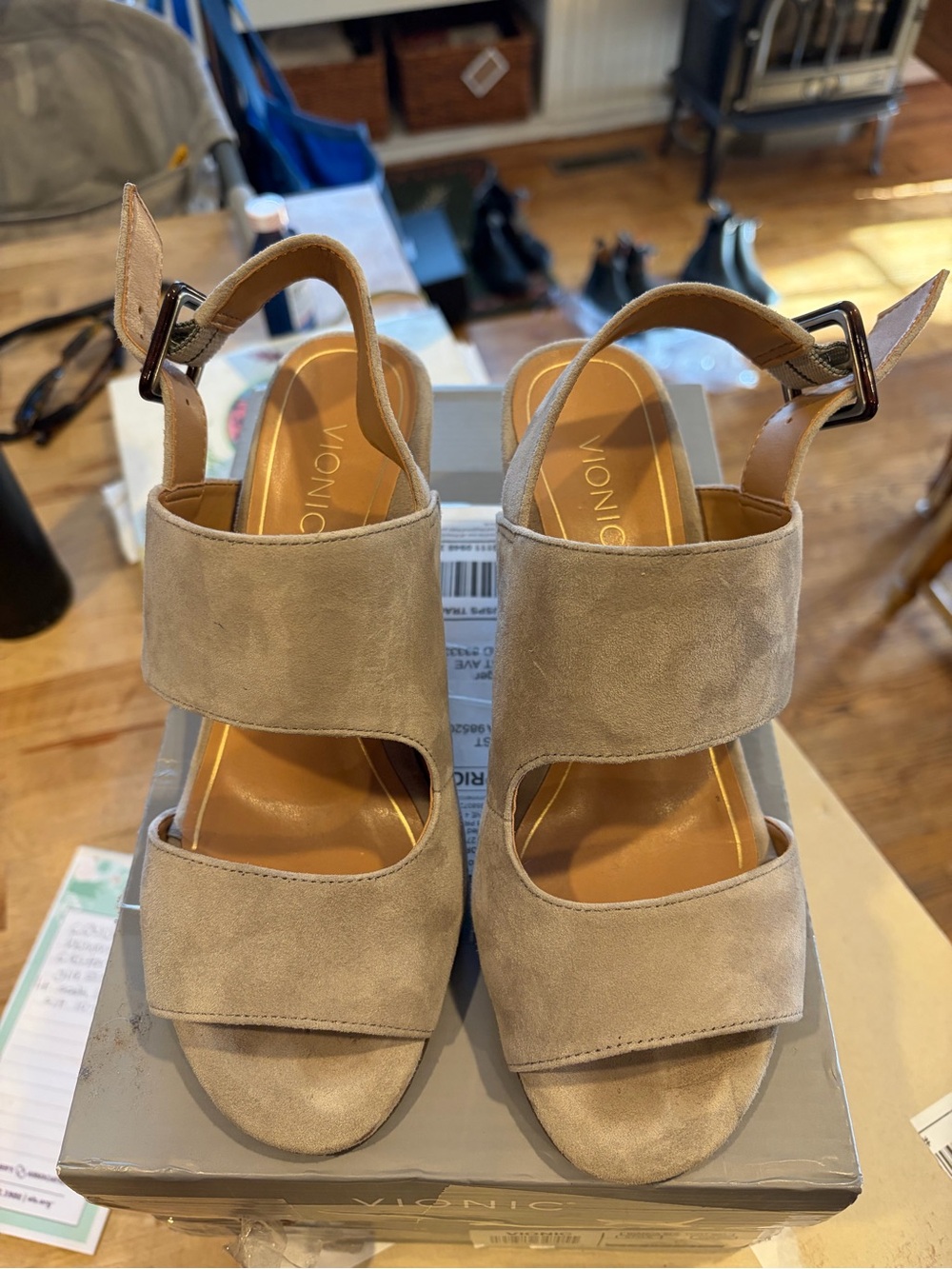 Vionic Beige Suede Open-Toe Ankle-Strap Sandals